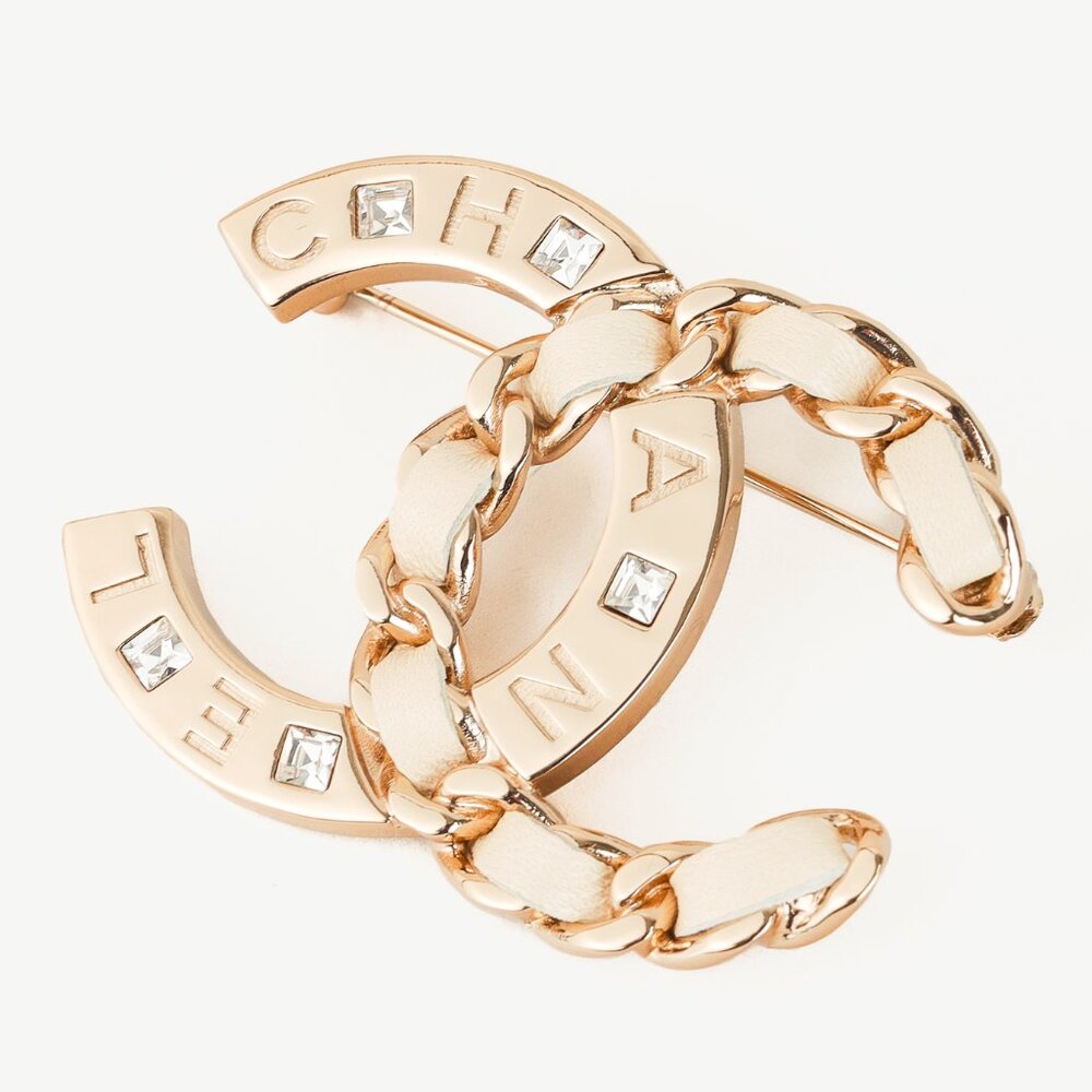 Chanel Half Chain Woven Champagne CC Brooch